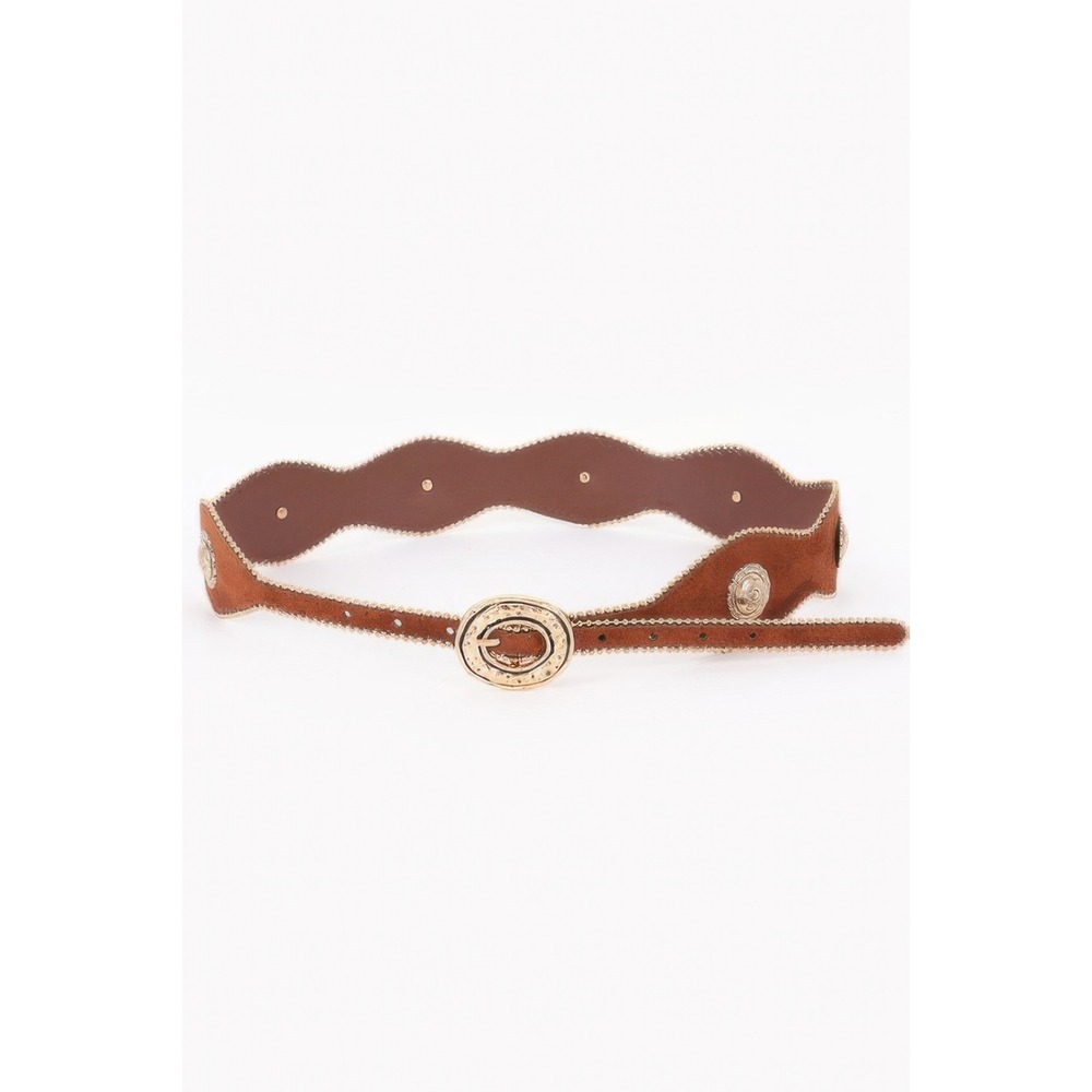 Scalloped Medallion Belt Womens Coffee Gold
